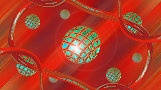 Abstract red background with green spheres. 3d image.
