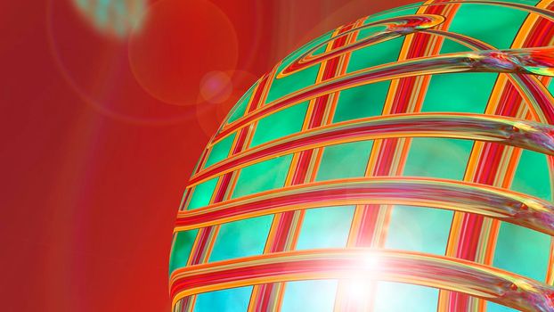 Abstract red background with green spheres. 3d image.