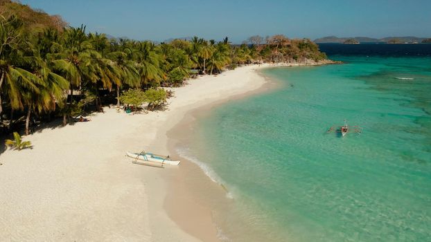 aerial view beach with tourists on tropical island, palm trees and clear blue water. Malcapuya, Philippines, Palawan. Tropical landscape with blue lagoon