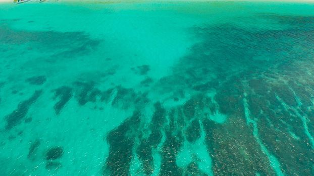 Blue background with transparent sea water copy space for text. Sea water surface in lagoon and coral reef. Top view transparent turquoise ocean water surface. background texture