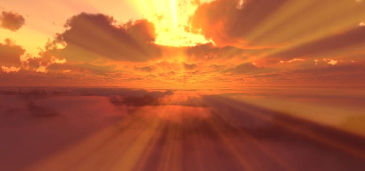 fly above clouds sunset 3d render illustration