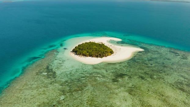 Aerial view of sandy beach on a tropical island with palm trees by coral reef atoll. Patawan island with sandy beach. Summer and travel vacation concept.