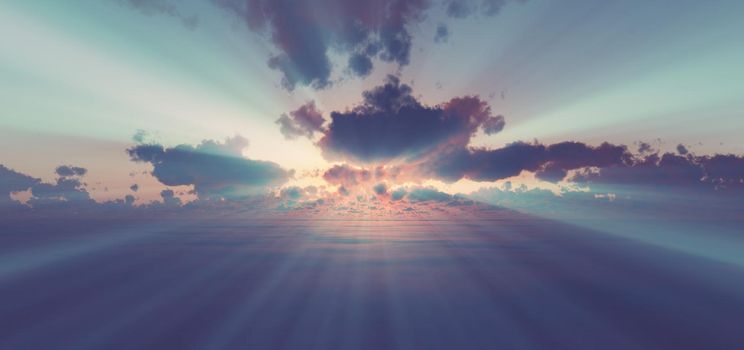 fly above clouds sunset 3d render illustration