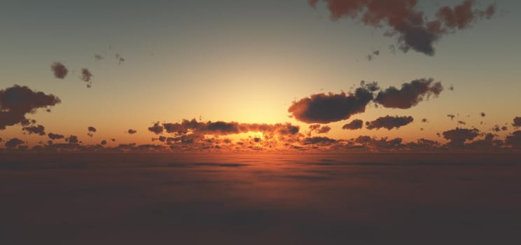 fly above clouds sunset 3d render illustration