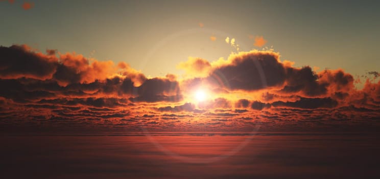 fly above clouds sunset 3d render illustration