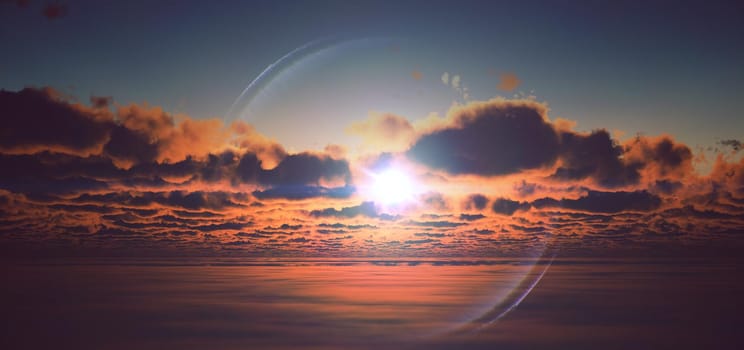 fly above clouds sunset 3d render illustration