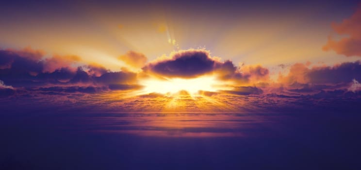 fly above clouds sunset 3d render illustration