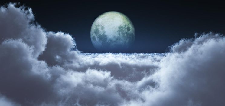 night fly above clouds full moon, 3d render illustration