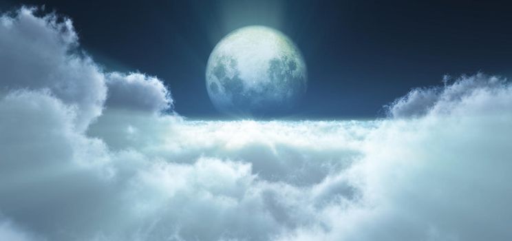 night fly above clouds full moon, 3d render illustration