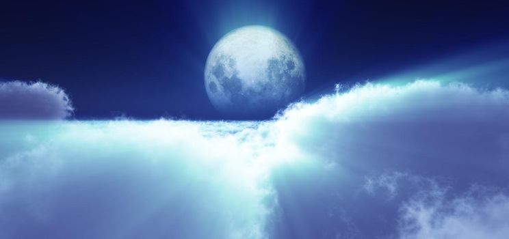 night fly above clouds full moon, 3d render illustration