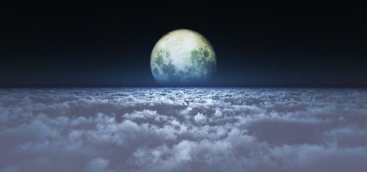 night fly above clouds full moon, 3d render illustration