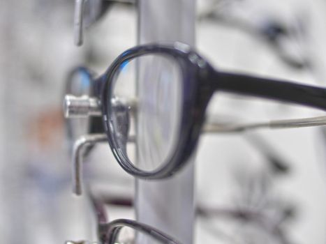 glasses in the store macro, close up