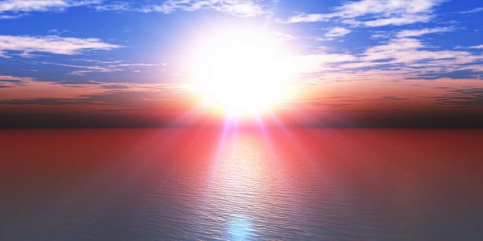 sunset sea sun ray clear sky, 3d rendering illustration