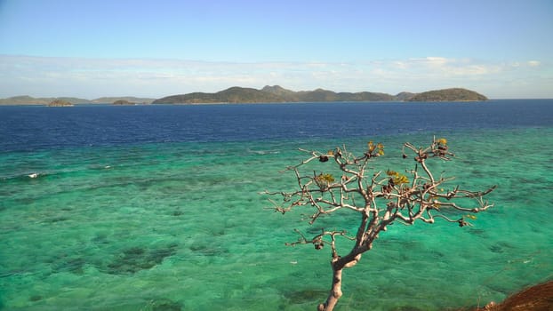 Seascape with tropical islands and blue water. Lagoon with turquoise water.