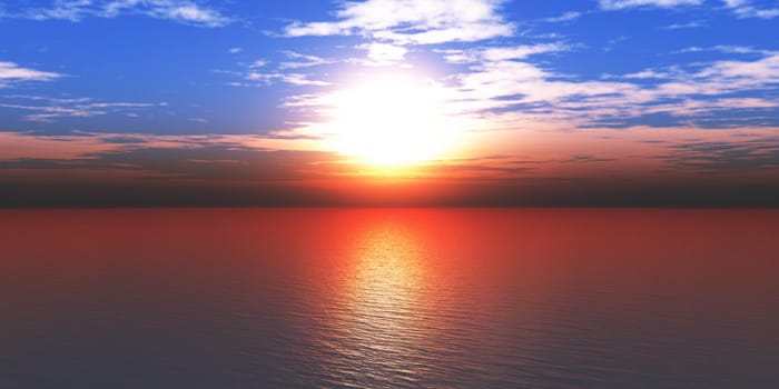 sunset sea sun ray clear sky, 3d rendering illustration