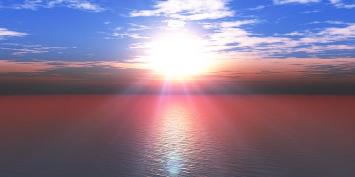 sunset sea sun ray clear sky, 3d rendering illustration