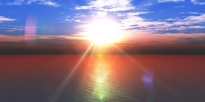 sunset sea sun ray clear sky, 3d rendering illustration