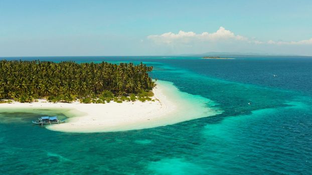 Sandy beach and tropical island by atoll with coral reef, top view. Patongong Island with sandy beach. Summer and travel vacation concept.