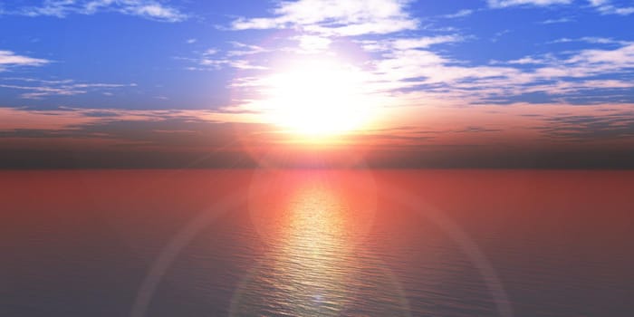 sunset sea sun ray clear sky, 3d rendering illustration