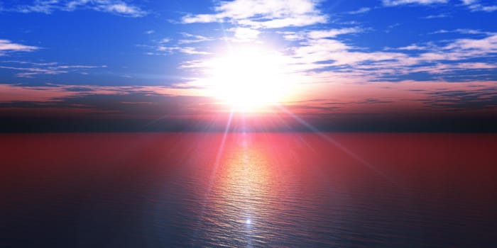 sunset sea sun ray clear sky, 3d rendering illustration