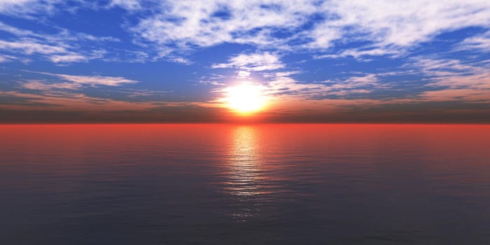 sunset sea sun ray clear sky, 3d rendering illustration