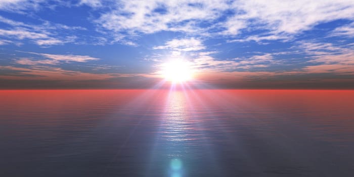 sunset sea sun ray clear sky, 3d rendering illustration