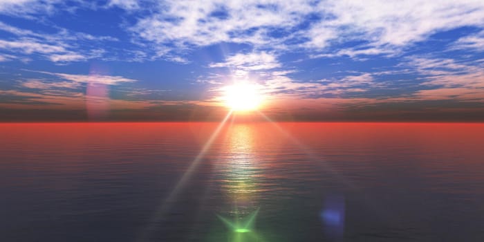 sunset sea sun ray clear sky, 3d rendering illustration