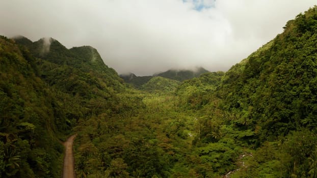 Mountains covered rainforest, trees and river in cloudy weather, aerial drone. Camiguin, Philippines. Mountain landscape on tropical island with mountain peaks covered with forest. Slopes of mountains with evergreen vegetation.