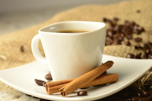 A cup of espresso with a couple cinnamon sticks resting in a scene of roasted coffee beans.