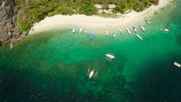aerial view tropical beach on island with palm trees, blue lagoon and azure clear water. Helicopter Island in El Nido, Palawan Philippines. Tropical landscape with blue lagoon, coral reef