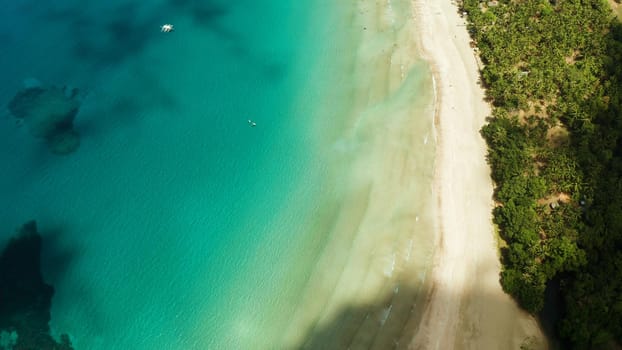 Beautiful tropical beach in cove with blue lagoon and turquoise water. Seascape with sea, sand, palm trees. Nagtabon, Palawan, Philippines. Summer and travel vacation concept