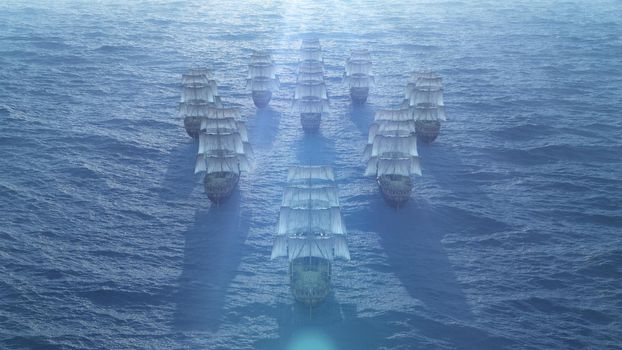 old ships fleet at sea, 3d render illustration