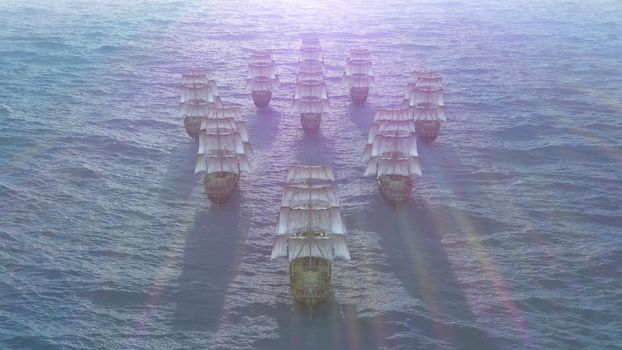 old ships fleet at sea, 3d render illustration