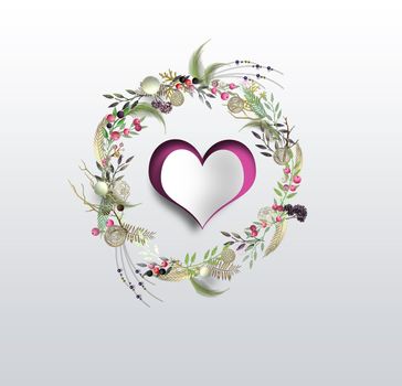 Gold floral wreath, paper heart for wedding invitation , valentines card. 3D render