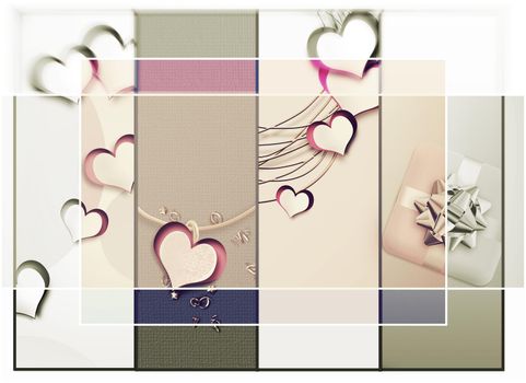 Elegant love hearts collage in pastel pink faded vintage colours. Valentines card in elegant faded style. 3D illustration