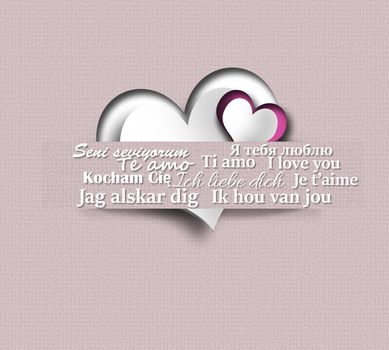 I love you on multiple languages, hearts in paper strip on pastel pink background. Valentines, birthday design. 3D render