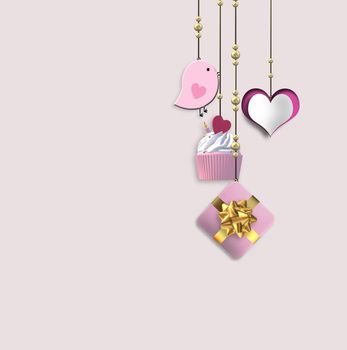 Pretty love card, Valentines card with hanging hearts. gift boxes, calendar. 3D Illustration