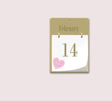 Valentine's calendar 14 february on pink pastel background. Cute pink heart. 3D rendering