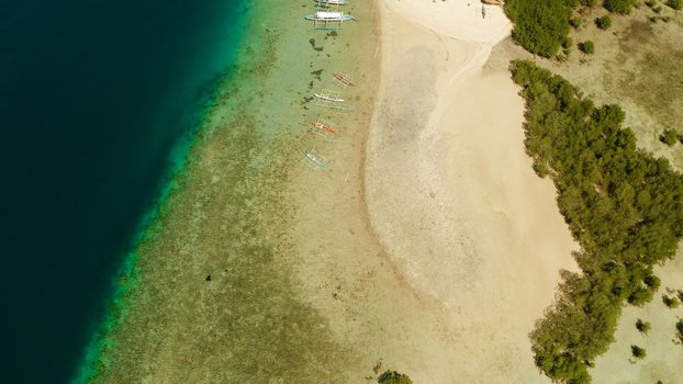 Tropical island and sandy beach with tourists surrounded by coral reef and blue sea in honda bay, aerial view. Island with sand bar and coral reef. starfish island. Summer and travel vacation concept, Philippines, Palawan