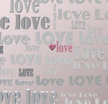 Gold multi words LOVE on pastel pink background, 3D pink heart. Valentines, Love, party invitation, mothers day, 8th March, wedding, greeting card. Place for text. Elegant pink love design. 3D render