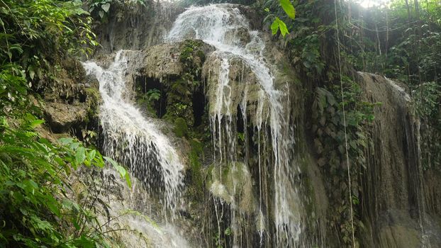 Waterfall in green forest in jungle. Beautiful waterfall in the mountains. Tropical rain forest with waterfall. Philippines, Cebu. Travel concept.
