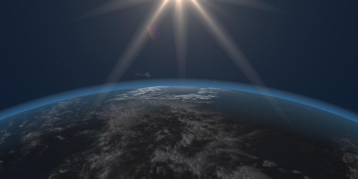 Sunrise over the planet panorama, 3d render illustration