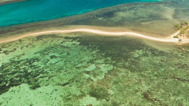 Aerial drone tropical island in blue lagoon with sand bar. Palawan, Philippines. tropical landscape with island and beache