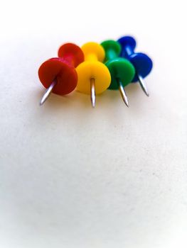 Colorful barrel pushpins lie on white surface