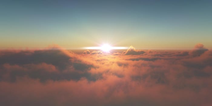 above clouds fly sunset sun ray illustration, 3d render