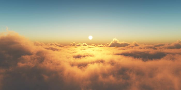 above clouds fly sunset sun ray illustration, 3d render