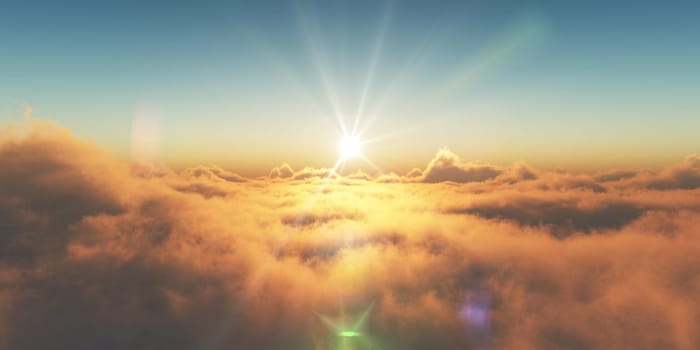 above clouds fly sunset sun ray illustration, 3d render