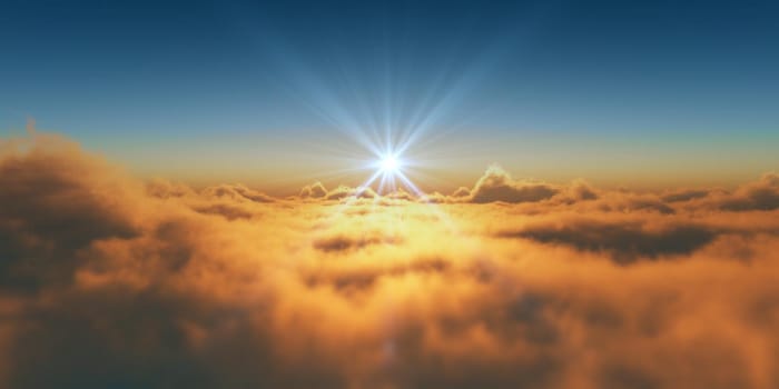 above clouds fly sunset sun ray illustration, 3d render