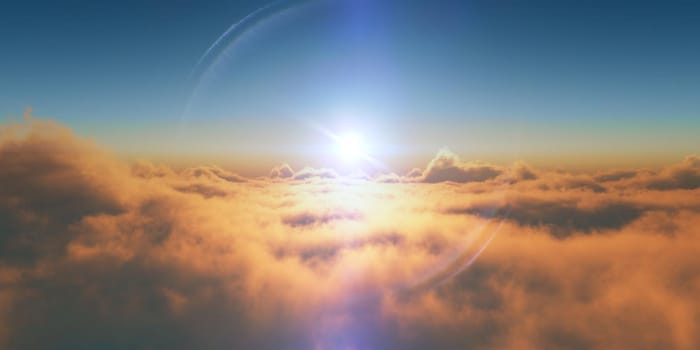 above clouds fly sunset sun ray illustration, 3d render