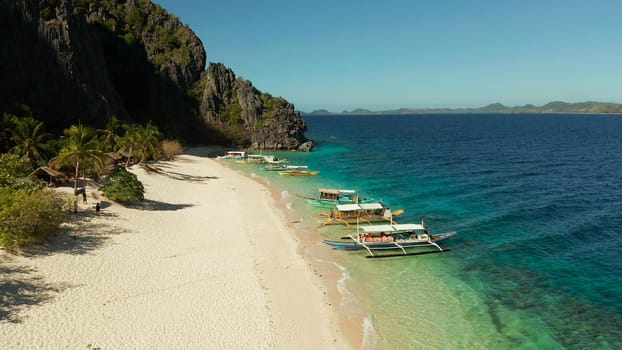 aerial view island with tropical sandy beach and palm trees. Malajon Island, Philippines, Palawan. tourist boats on coast tropical island. Summer and travel vacation concept. beach and blue clear sea water